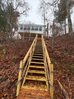Eine hölzerne Treppe führt zu einem Haus, das von Bäumen umgeben ist.