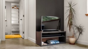 Een moderne woonkamer met een flatscreen televisie op een donkerhouten dressoir, een gang met een witte deur en een potplant.