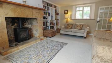 A cozy living room with a fireplace, bookshelves, a sofa, and a patterned rug.