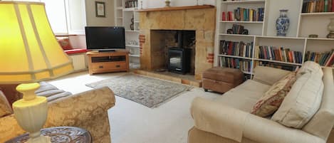 A living room with a sofa, a television, a fireplace, and bookshelves.