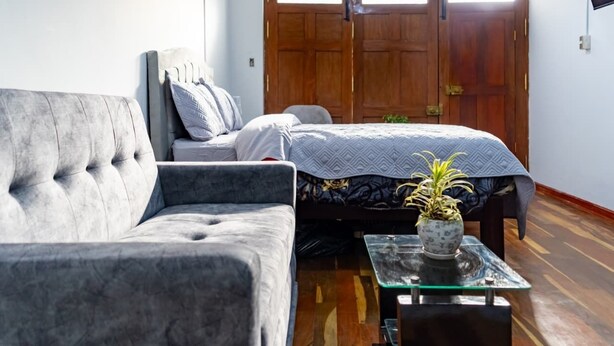 A room with a grey sofa, a bed with a patterned bedspread, a small table with a plant, and wooden flooring. - Modern 1-bedroom studio apartment near downtown Cusco perfect for your stay (Cusco)