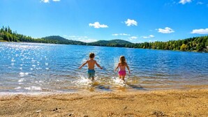 Zwei Kinder spielen im flachen Wasser in der Nähe eines Strandes, im Hintergrund eine bewaldete Landschaft.