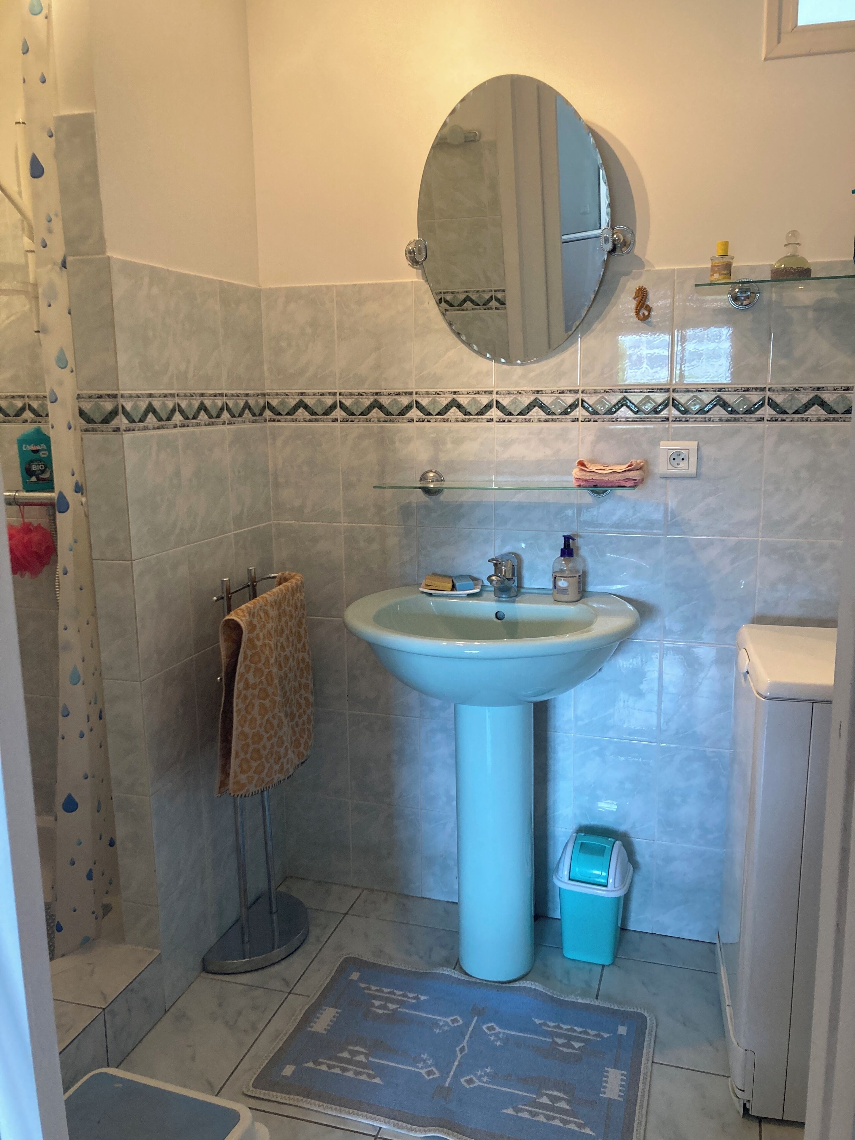 Ein Badezimmer mit Waschbecken, Spiegel, Dusche und Handtuchhalter.