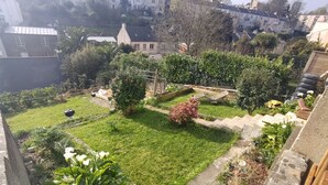 A garden with a lawn, a small tree, and a wooden bench.