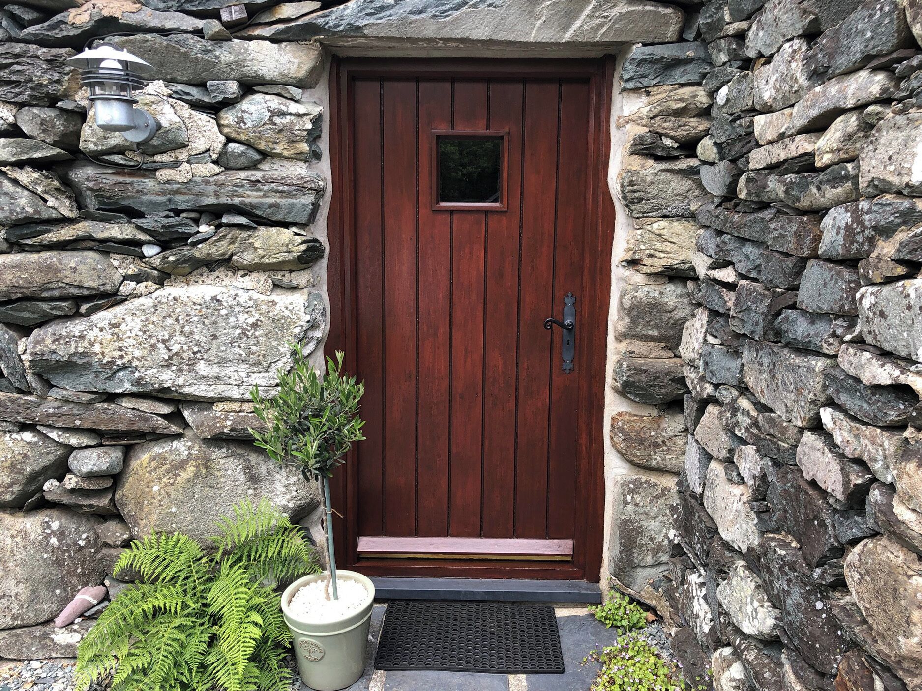 A stone wall, a wooden door, a potted plant, and a doormat.