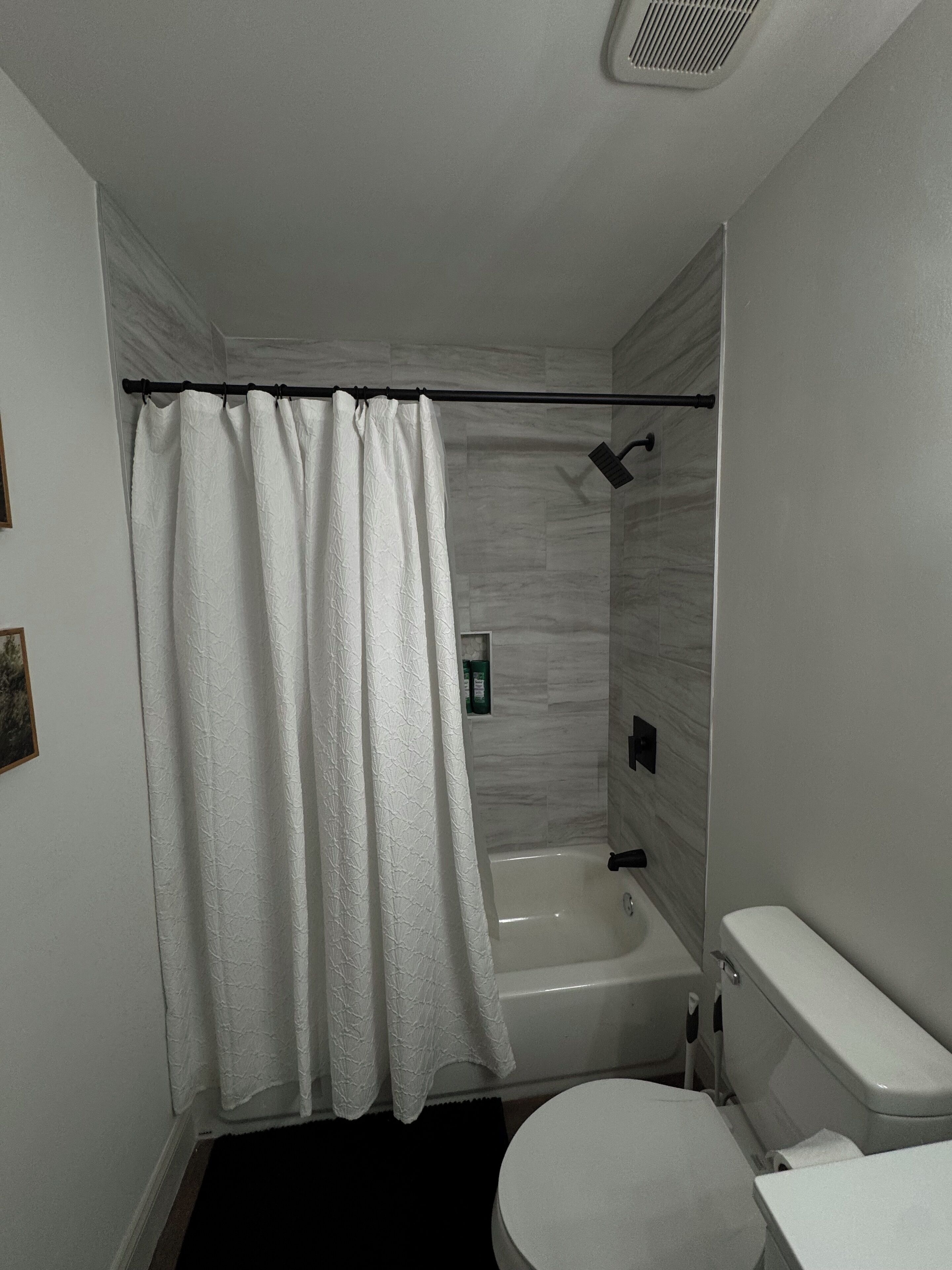 Hair dryer, towels, soap, shampoo