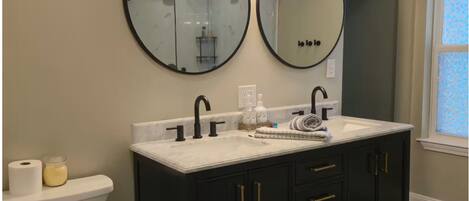 Hair dryer, towels, soap, toilet paper