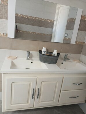 Hair dryer, towels, soap