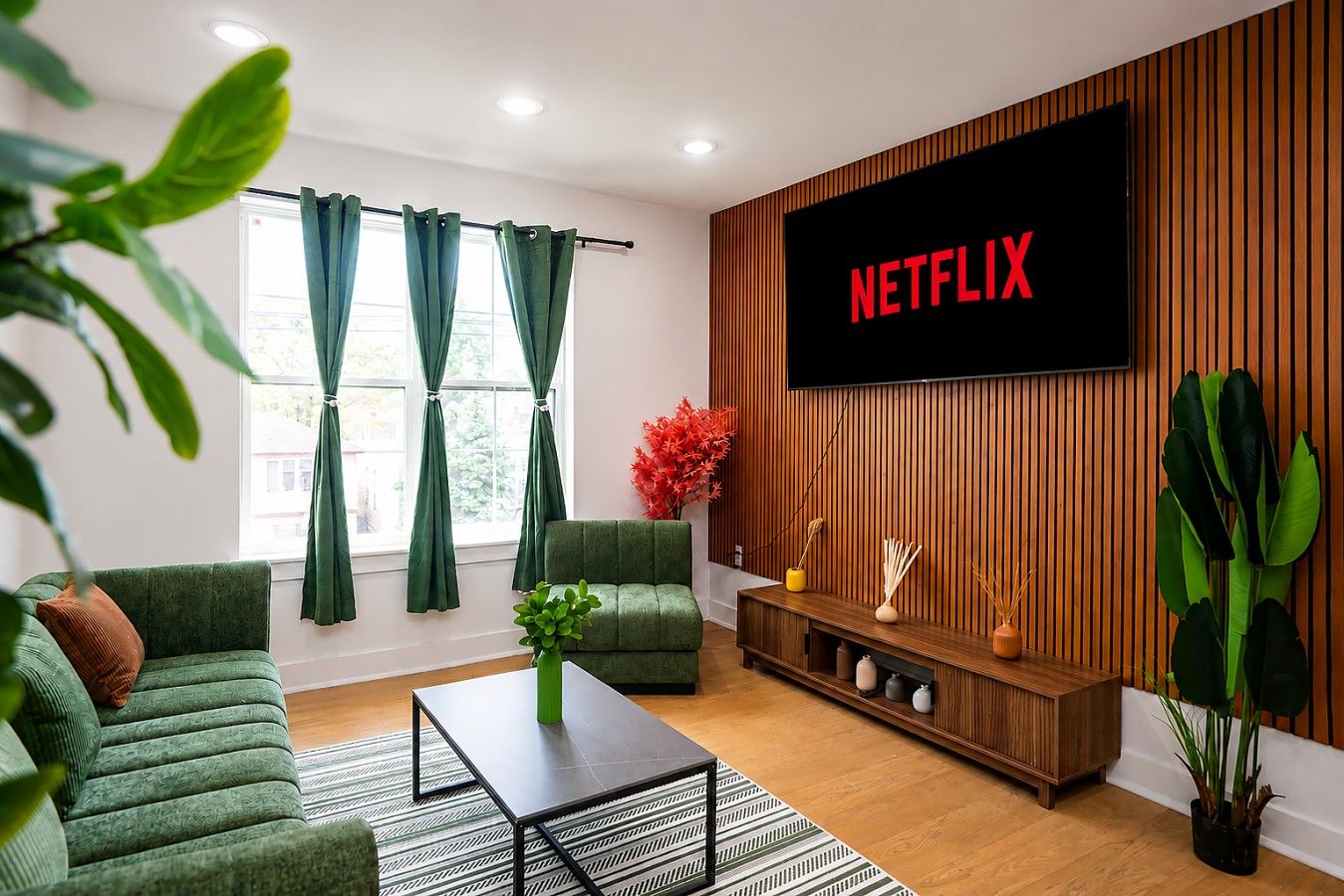 A living room with a green sofa, a coffee table, a TV mounted on a wooden wall, and a window with curtains.