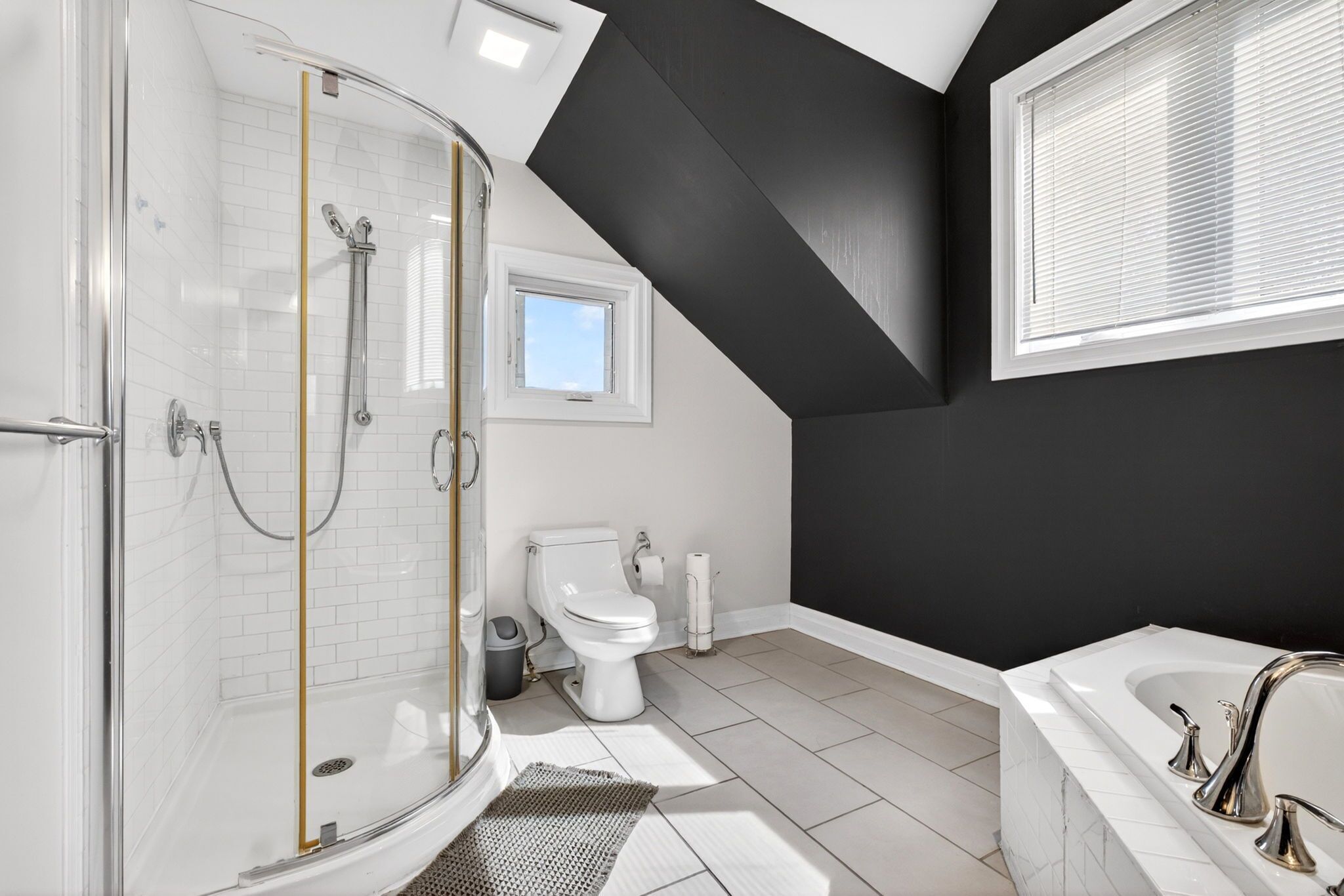 Shower, jetted tub, towels, soap