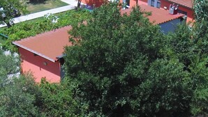 Un bâtiment à toit rouge, entouré d’une végétation luxuriante, avec une antenne parabolique bien visible.