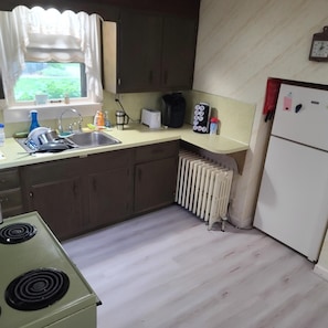 Una cocina con un lavamanos, estufa y refrigerador.