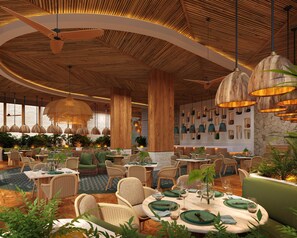 A restaurant with round tables, wicker chairs, and hanging wooden light fixtures. - Park Hyatt Riviera Maya - All Inclusive (Puerto Morelos)