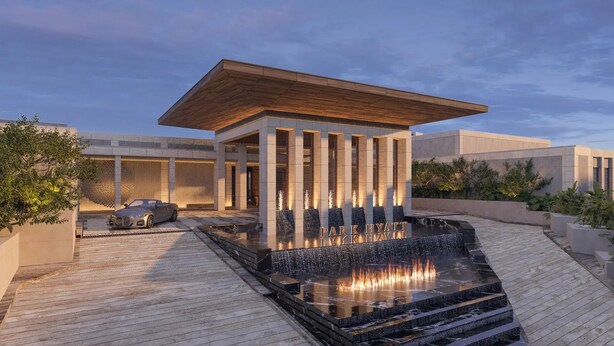 A modern hotel with a pool, a car, and a pavilion. - Park Hyatt Riviera Maya - All Inclusive (Puerto Morelos)
