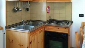 Ett kök med träskåp, en diskho i rostfritt stål, en gasspis och en diskmaskin.