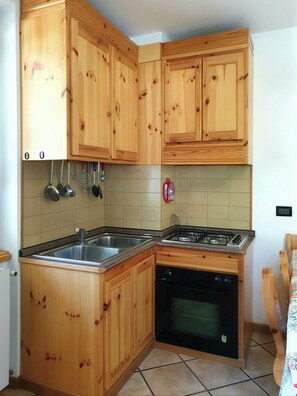 Eine Küche mit Holzausstattung, einer Edelstahl-Spüle, einem Gasherd und einem Geschirrspüler.