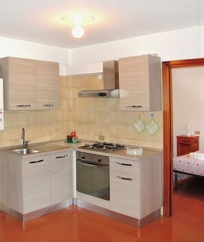 A compact kitchen with a gas stove, oven, and a sink. - Cottage di Maria - Casa in Scalve (Grana)