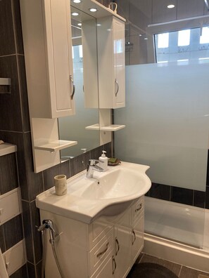 Ducha, secador de pelo, bidet, toallas