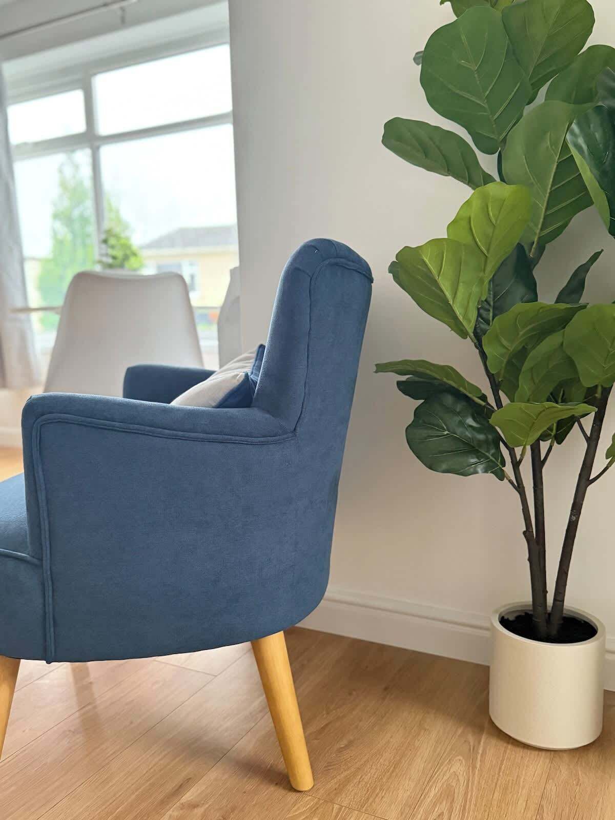 A blue armchair with wooden legs, a potted plant, and a window with a view of buildings.