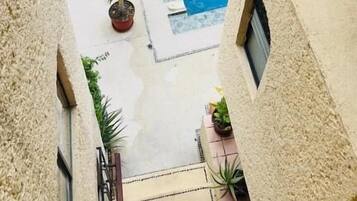 Ein rechteckiger Pool mit Fliesenrand, umgeben von einer Betonplattform und Blumentöpfen.