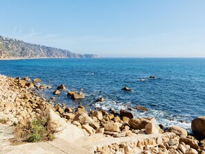 Eine felsige Küstenlandschaft mit freiem Blick auf das Meer und sanfte Hügel in der Ferne.