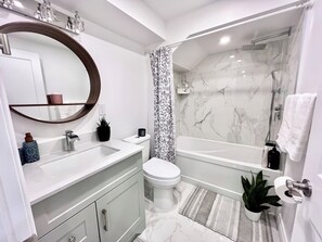 Eco-friendly toiletries, hair dryer, towels, soap