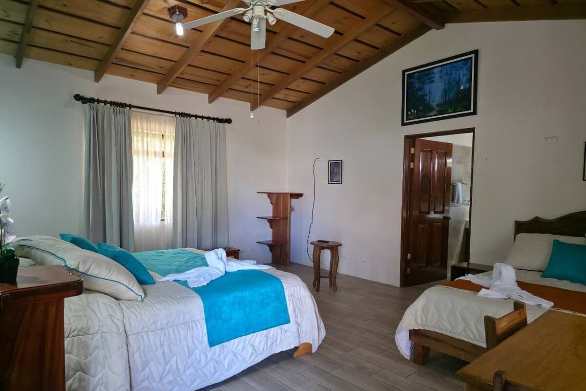 Un dormitorio con cama, escritorio, silla, ventilador de techo y puerta.