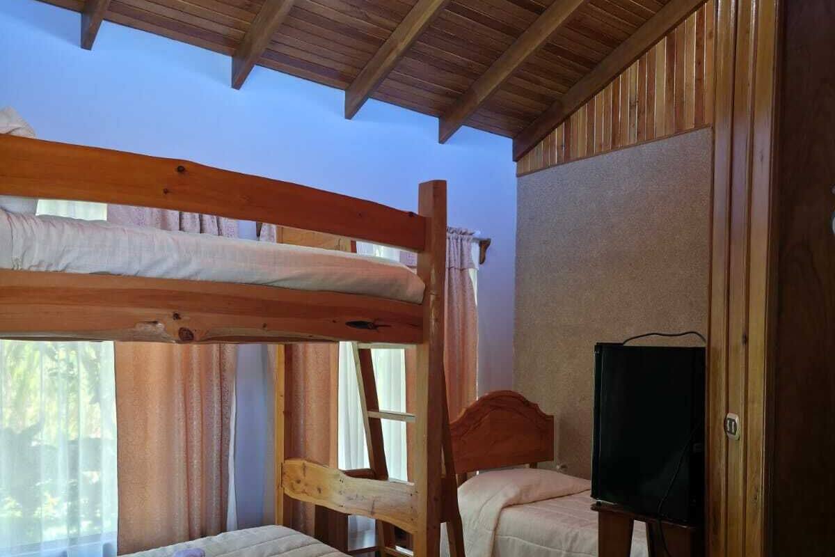Una habitación con dos camas, techo de madera, televisor y ventana.
