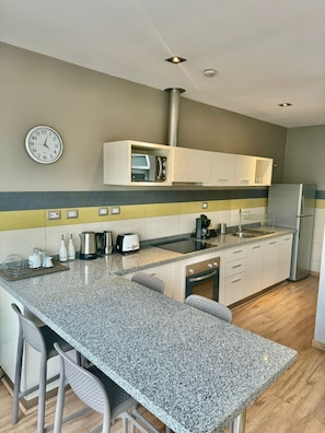A modern kitchen with granite countertops, a built-in oven, a coffee maker, and a microwave. - Beautiful superior duplex apartment (Santiago)
