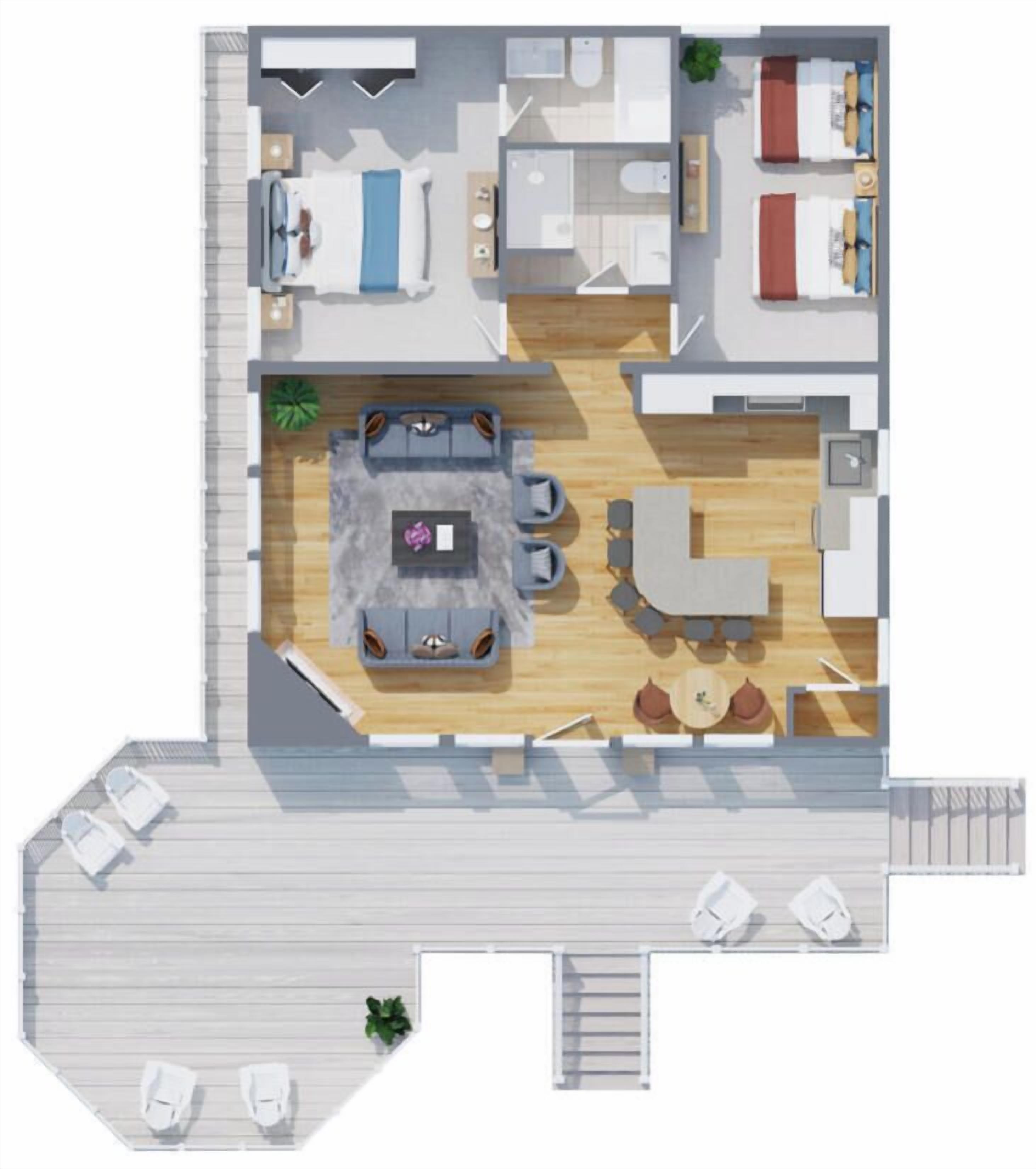 A hotel layout with a living area, kitchen, two bedrooms, and a balcony.