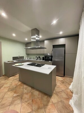 Een moderne keuken met een centraal eiland, roestvrijstalen apparatuur en een betegelde vloer.