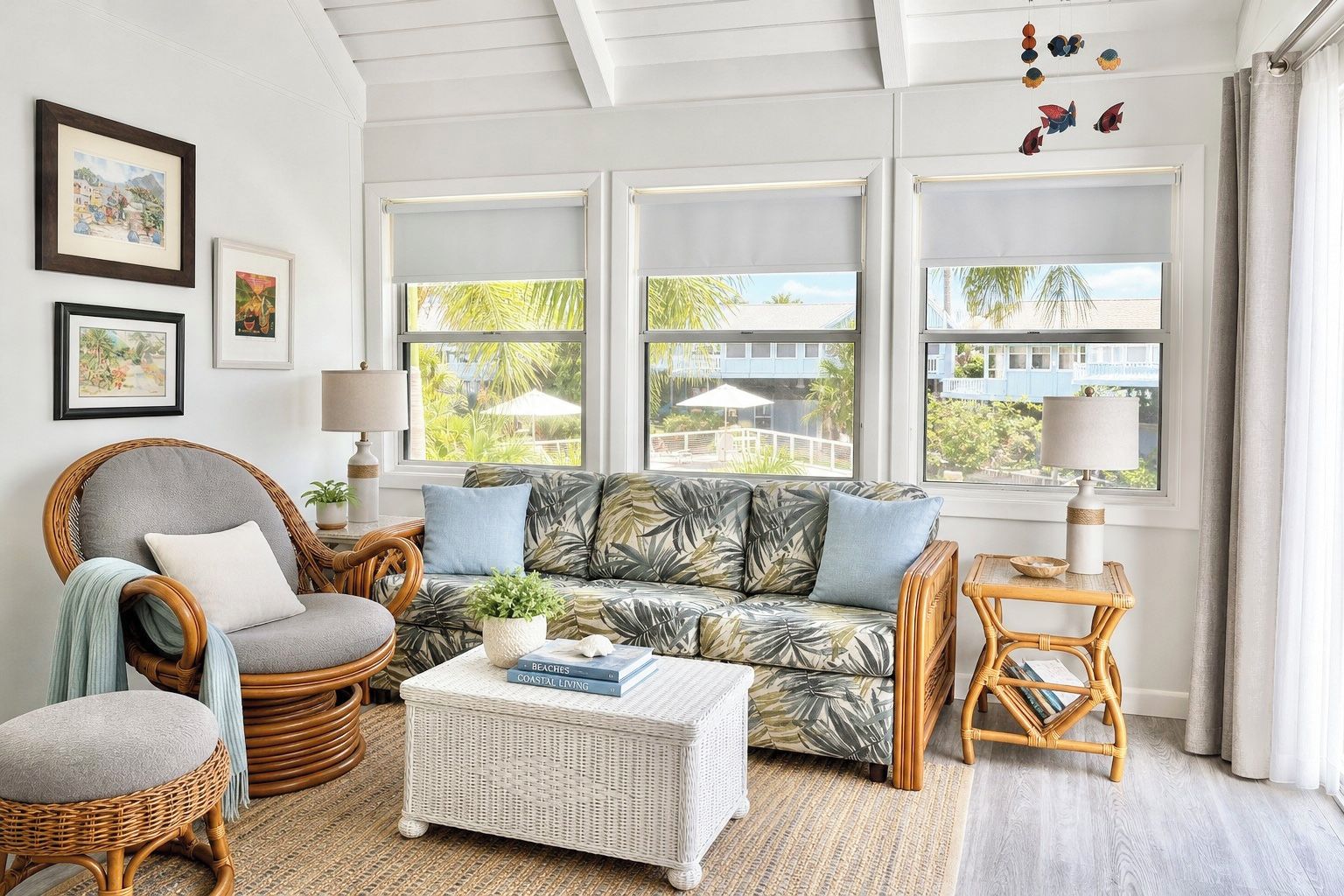 A living room with a sofa, armchairs, a coffee table, and a side table.