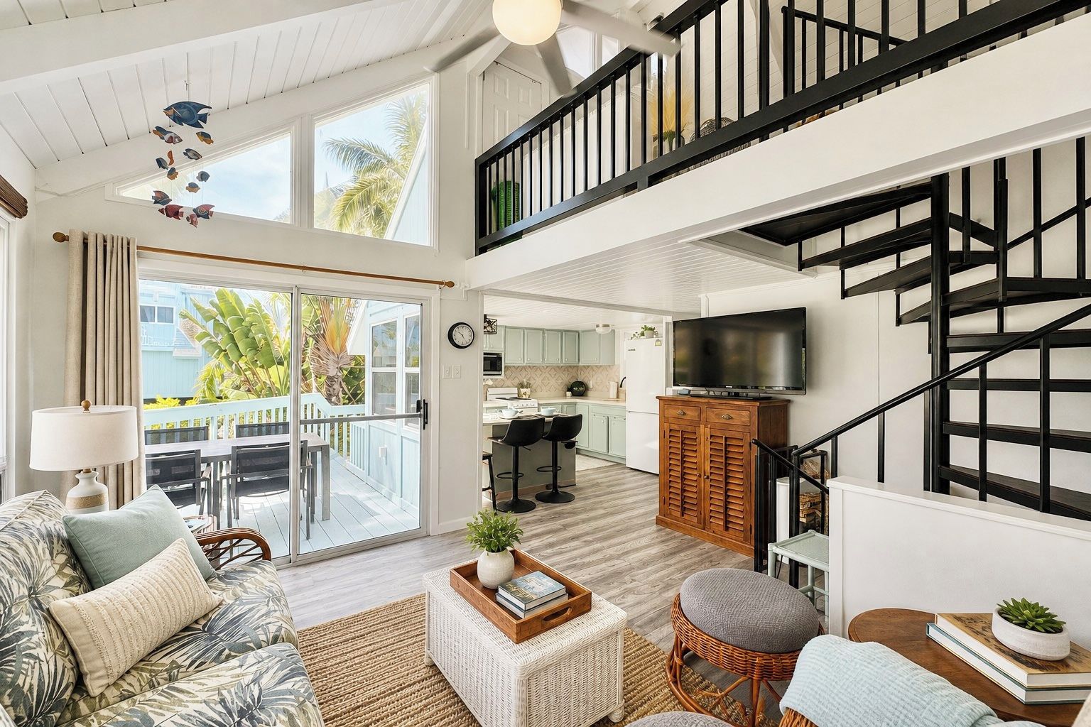 A spacious living area with a balcony, a kitchen, and a staircase.