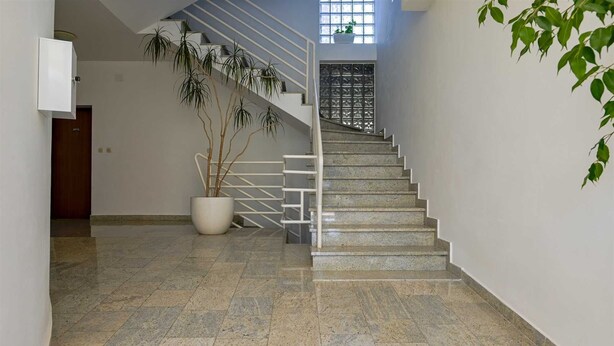Eine Treppe mit Metallgeländer, einem Blumentopf und einer Tür am Fuß.