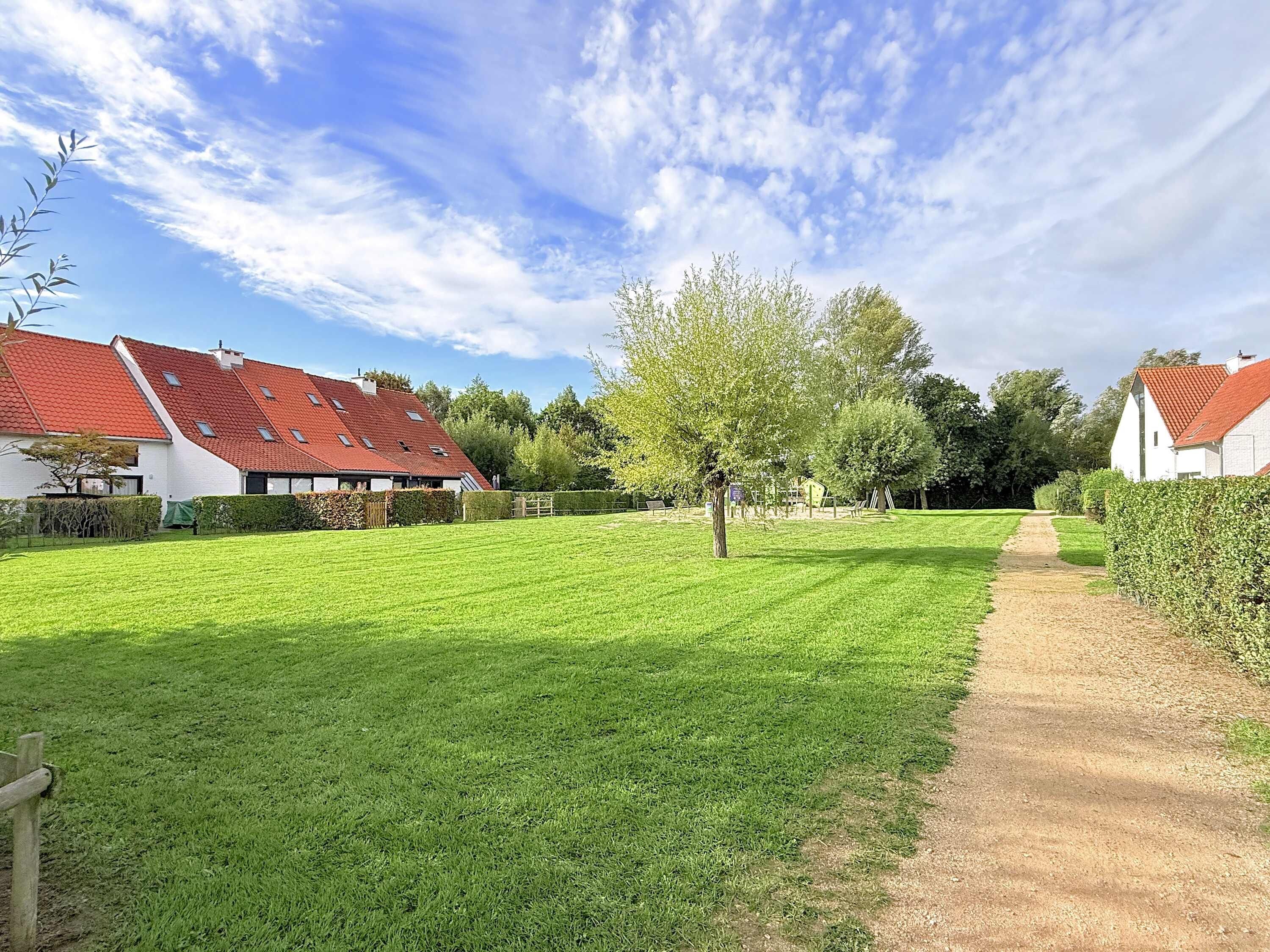 Een woonwijk met een verzorgd gazon, een onverhard pad en huizen met rode dakpannen.