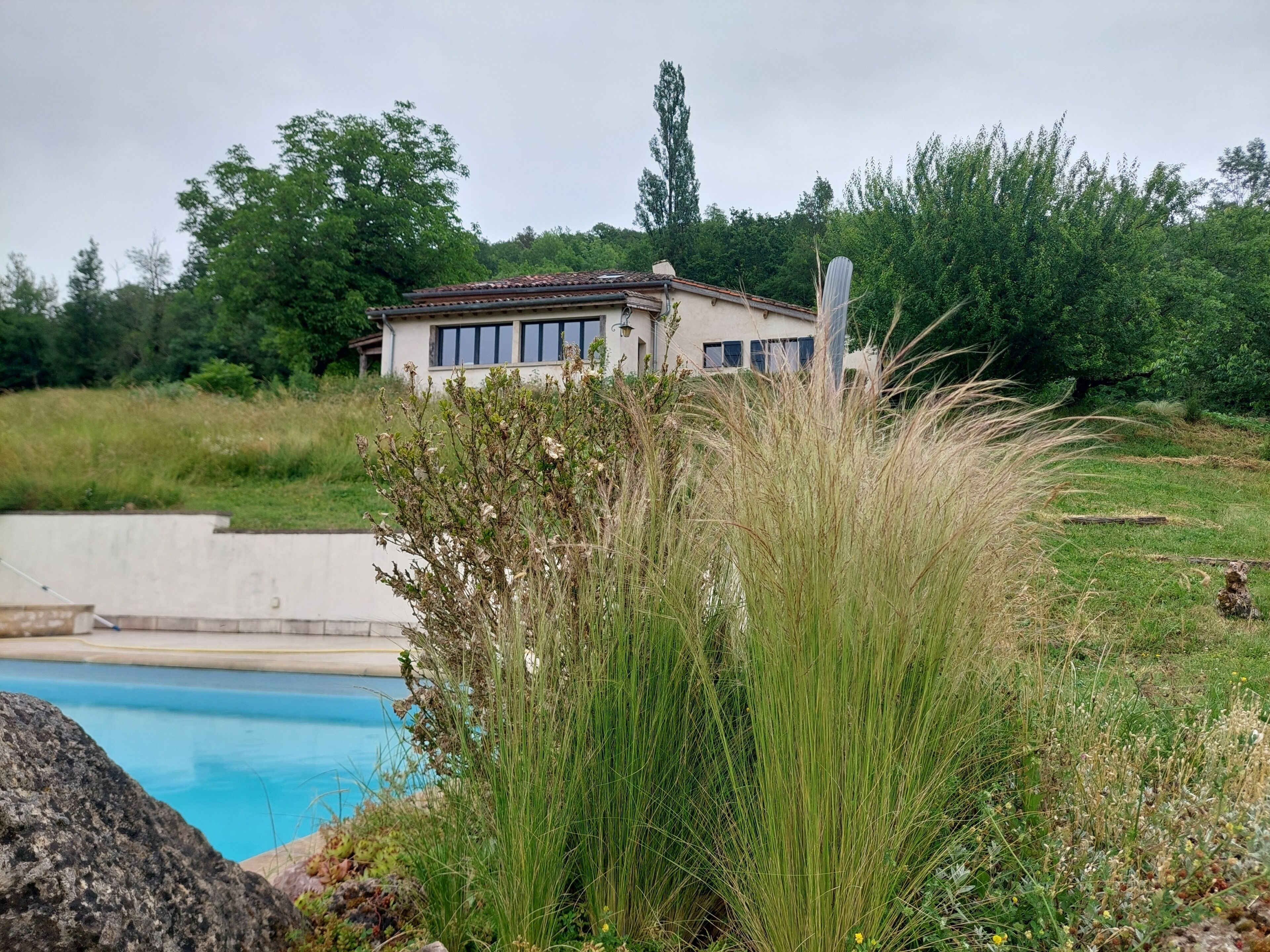 A house with a swimming pool, surrounded by greenery and a clear sky.