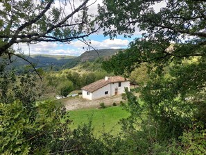 Ein ländliches Haus mit einem Ziegeldach, umgeben von üppiger Vegetation und Hügeln im Hintergrund.