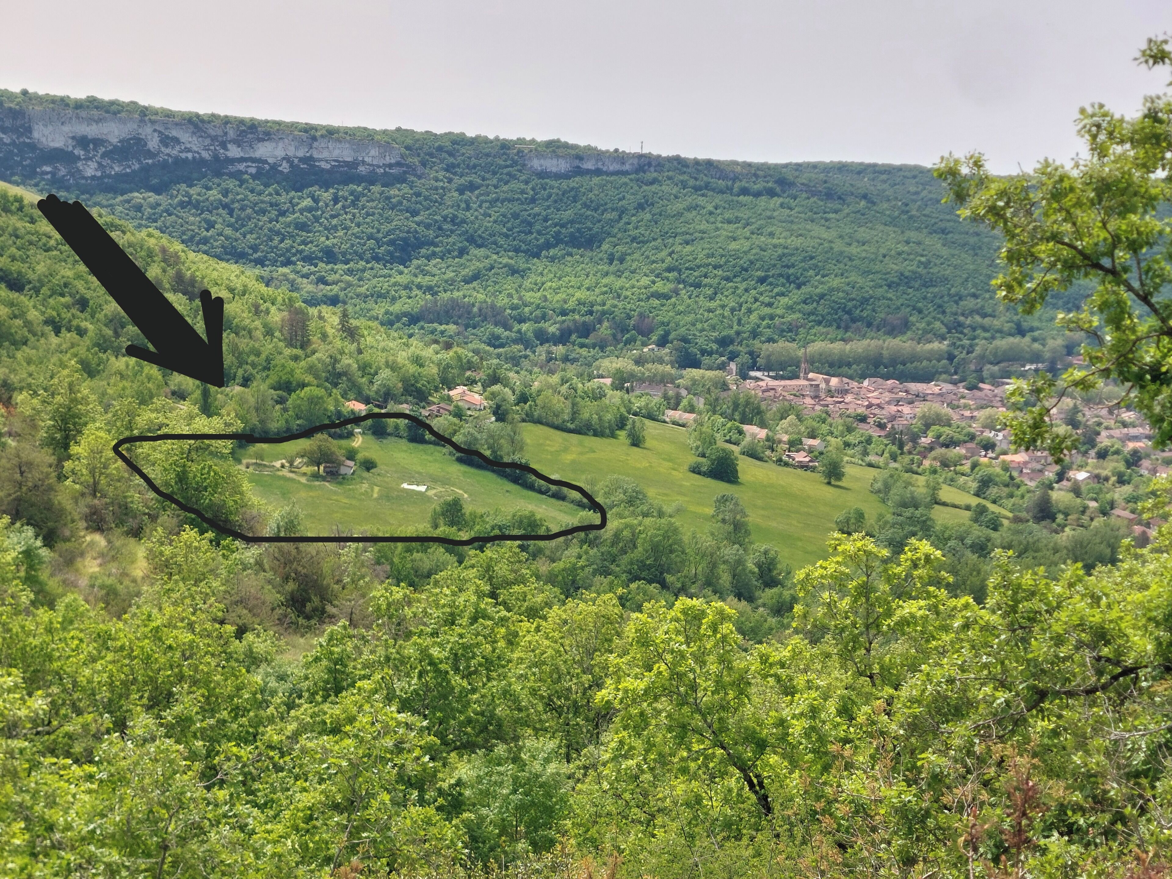 A rural landscape with a village, dense greenery, and a cliff.