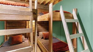 A bunk bed with a ladder, wooden walls, and a green wall.