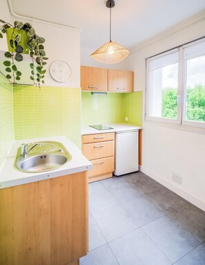 Eine Küche mit Spüle, Holdekor-Schränken, einer weißen Arbeitsplatte, einer grün gefliesten Spritzschutzwand, einem Fenster und einer hängenden Pflanze.