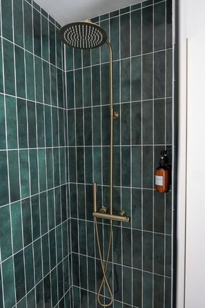 Douche, sèche-cheveux, serviettes fournies, savon