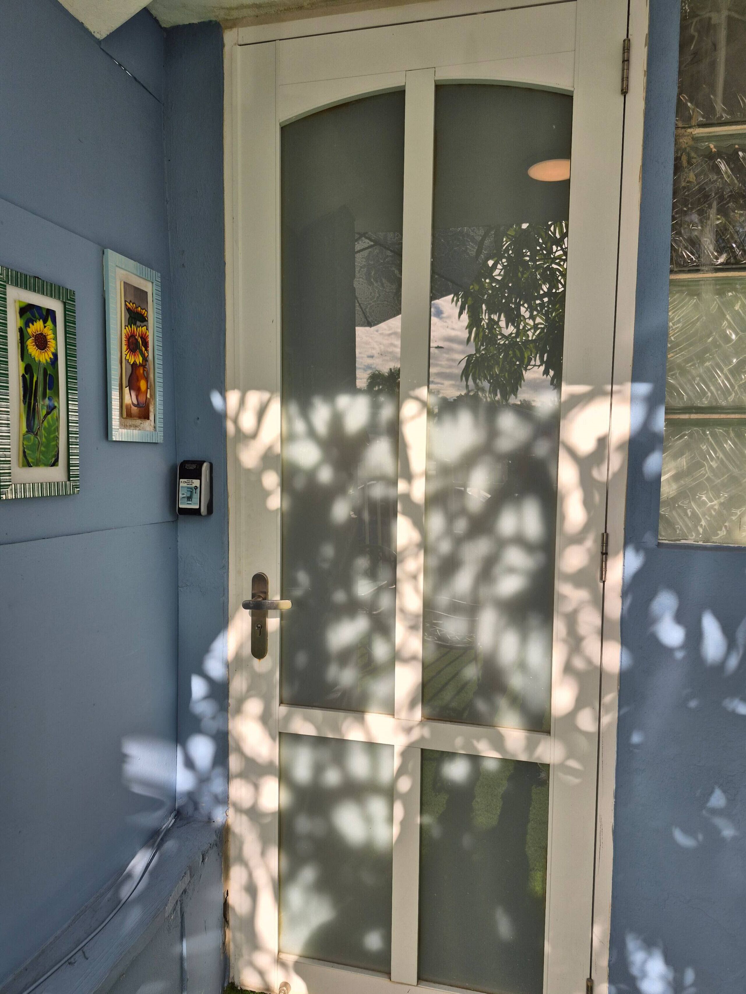 A door with frosted glass panels, a wall-mounted intercom, and two framed paintings.