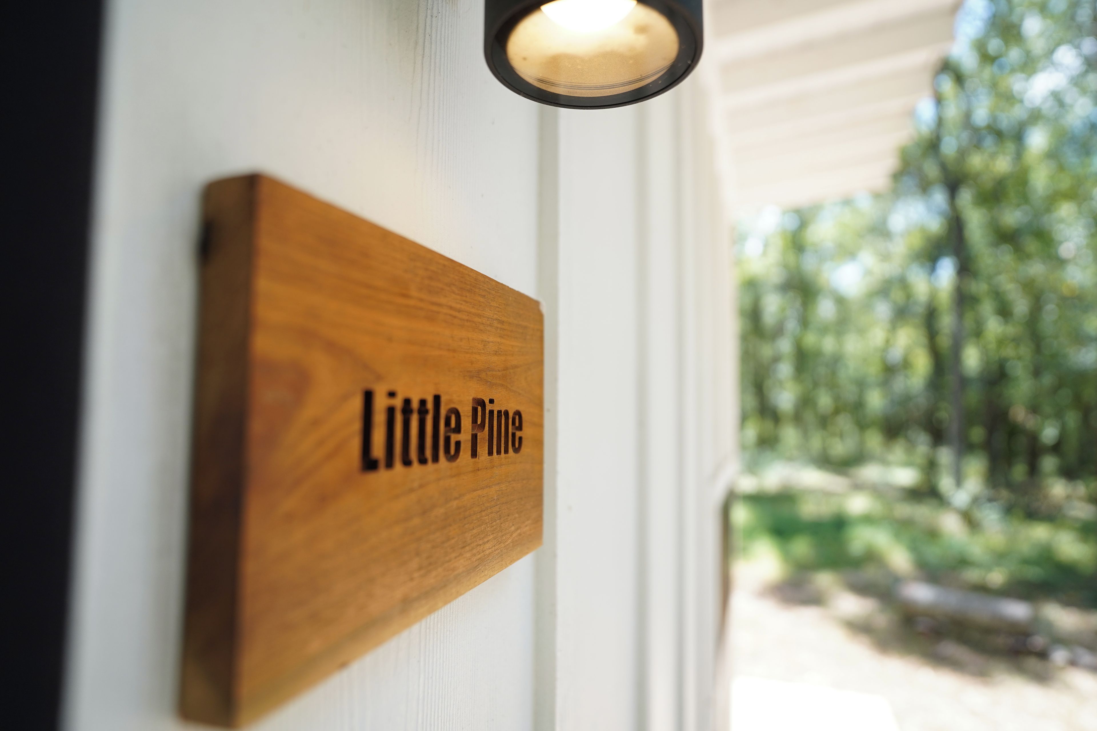 Un letrero de madera con el texto 'Little Pine' colocado en una puerta blanca.