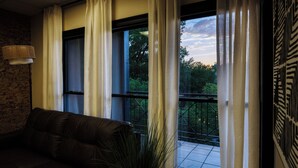 A room with a dark leather sofa, a potted plant, and a view of a balcony with a railing.