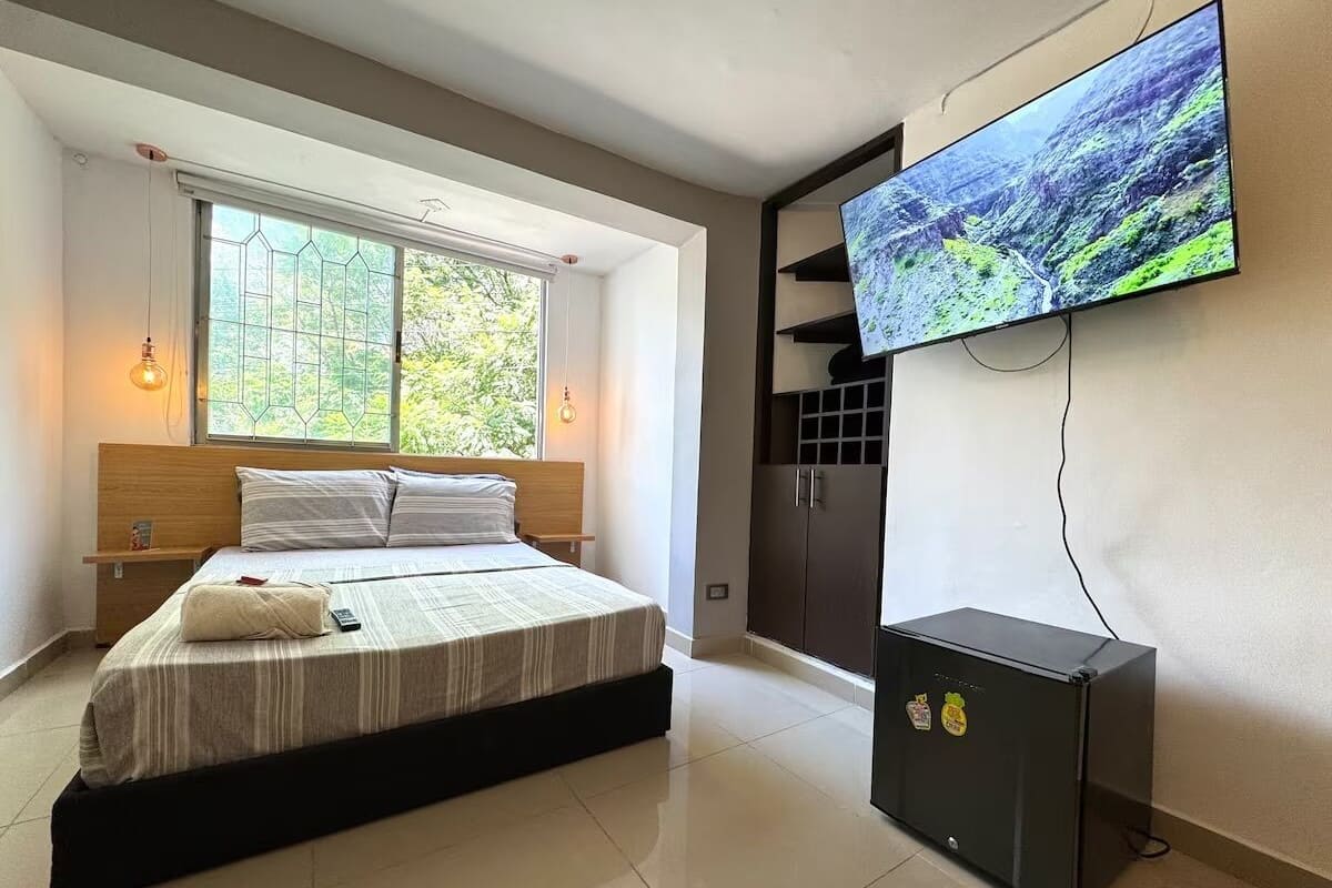 A bedroom with a bed, a TV, a wardrobe, and a window with a view.