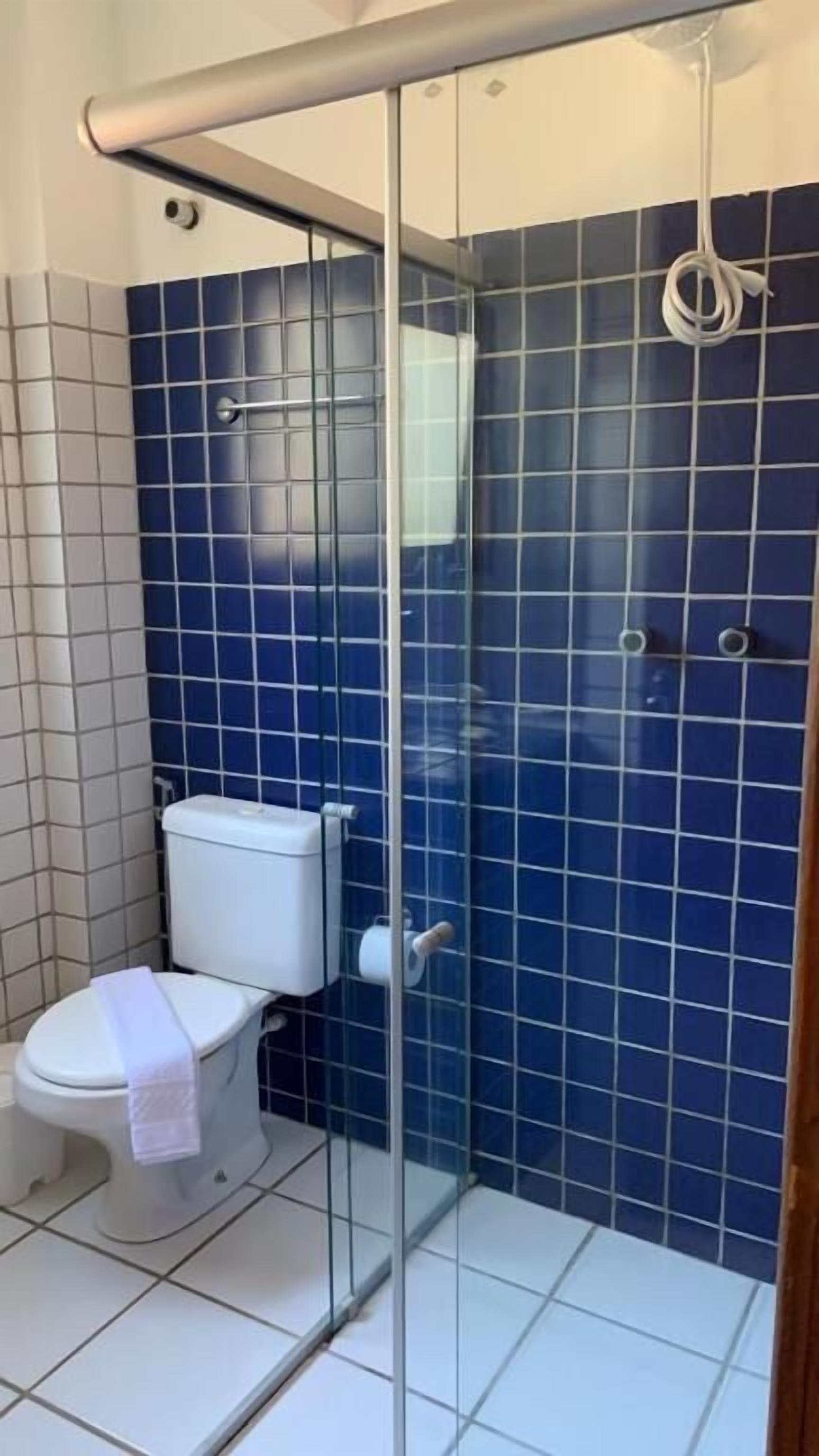 Un baño con cabina de ducha de vidrio, inodoro y paredes con azulejos azules.