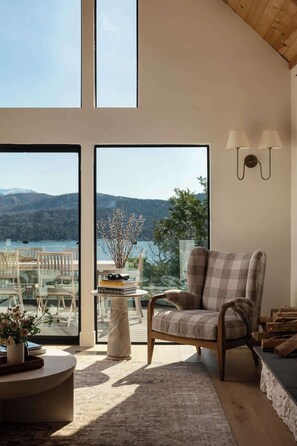 TV, fireplace - Highland Haus (stunning lakeview + private dock!) (Lake Arrowhead)