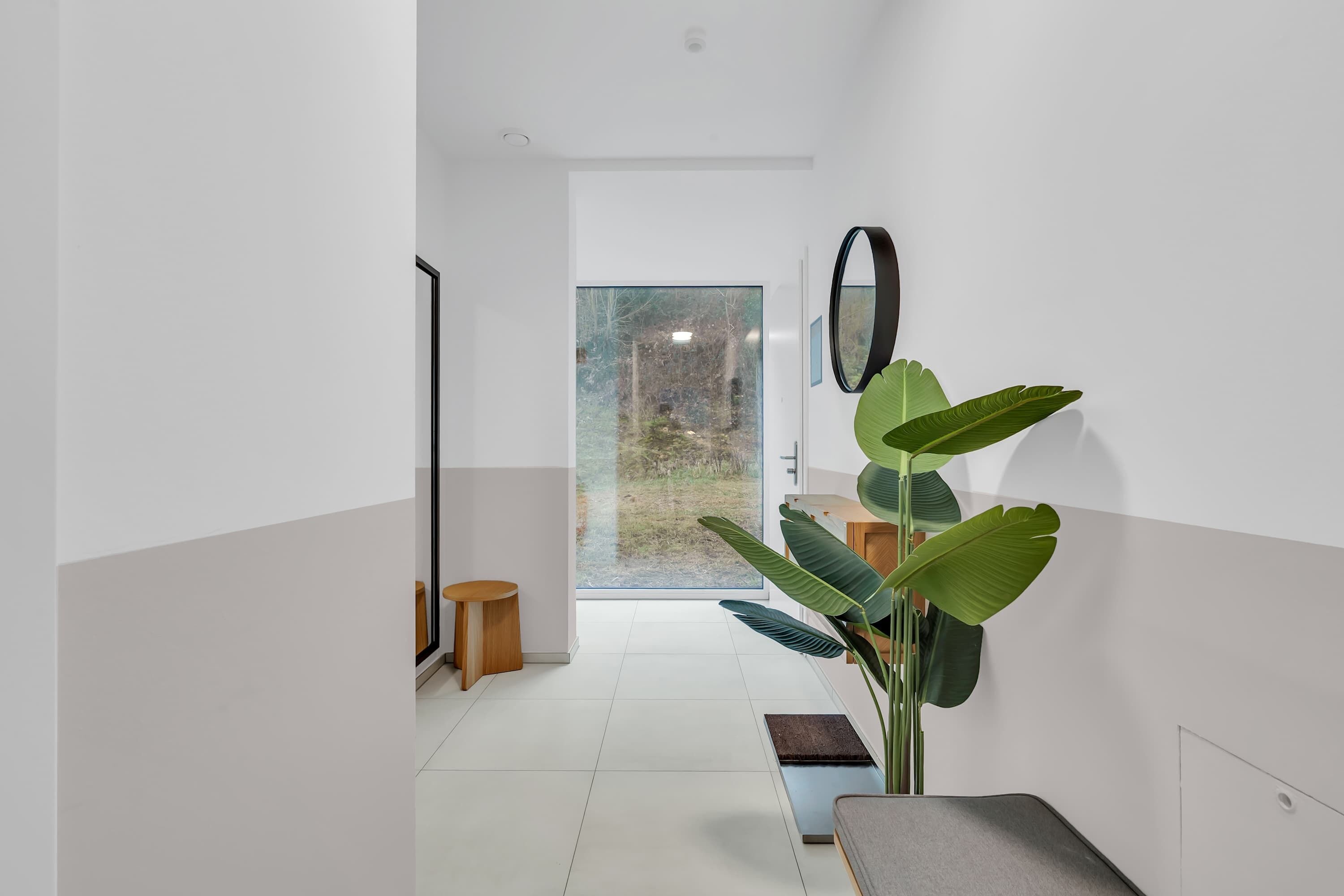 Ein modernes Interieur mit einem großen Fenster, einer Pflanze und einer Bank.