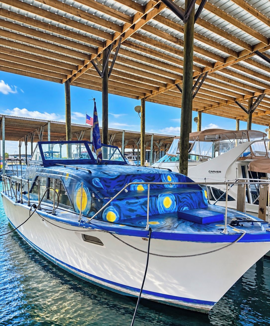 A boat docked under a covered area with a clear sky.