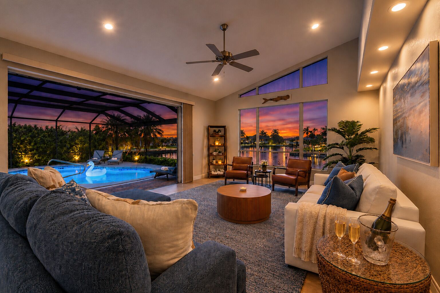 A spacious living area with a pool, comfortable seating, and a view of the sunset.